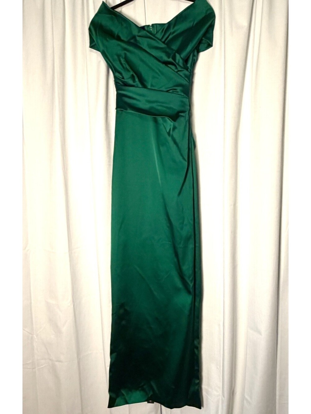 NWT Talbot Runhof Emerald Green Satin Off The Shoulder Gathered Gown US 2 $1350